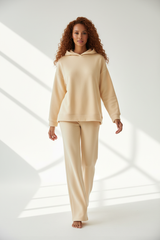 Luxury Fleece Hoodie Lounge Set — Warm Cream, Walking Pose