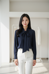 Tie-Neck Blouse in Midnight Navy - Front Pose