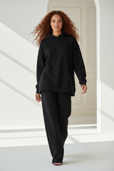 Luxury Fleece Hoodie Lounge Set — Matte Black, Walking Pose