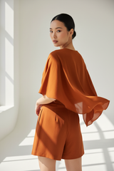 Burnt Apricot Draped Crop Top Shorts Set – Back Pose
