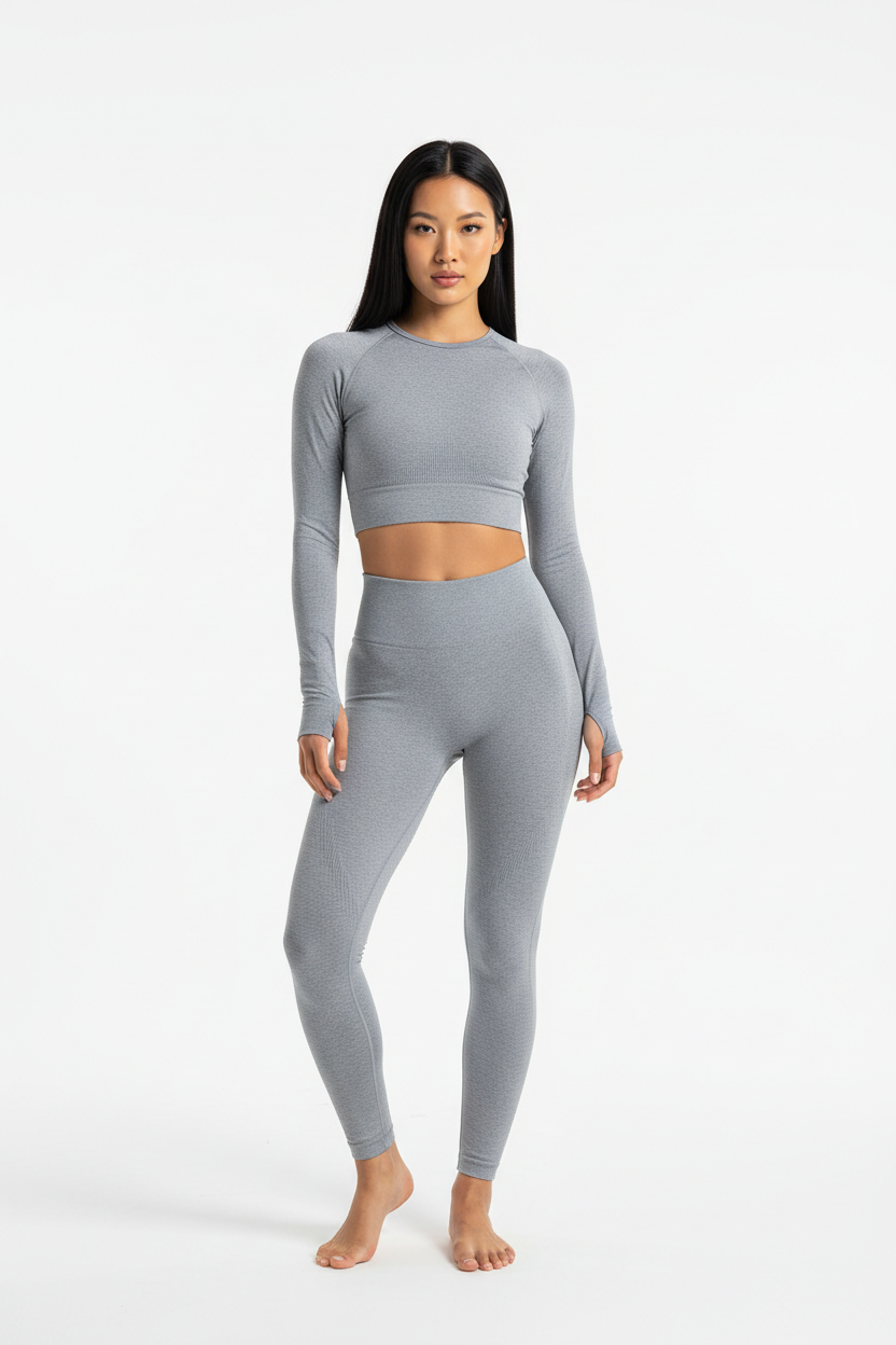 Seamless Activewear Set in Soft Grey — Front Full-Body