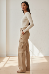 Premium Women's Luxury Cargo Pants in Soft Beige - Side Profile