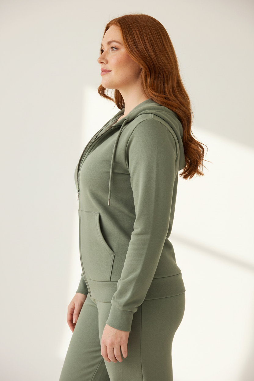 Luxury zip-up hoodie in Dusty Sage, side profile pose