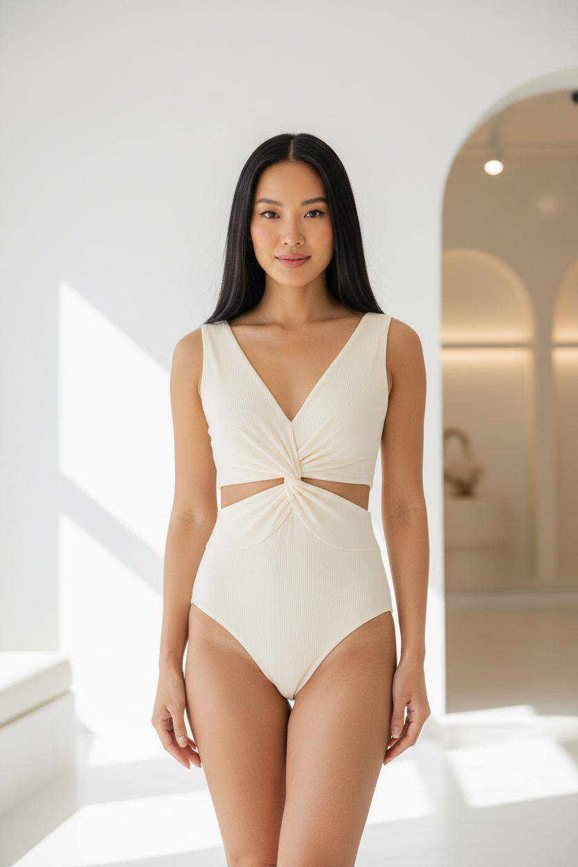 Luxury Twist-Front Bodysuit in Soft Ivory - Front View