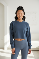 Luxury cropped sweatshirt in Deep Slate Blue, front facing pose