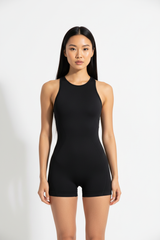 Seamless Racerback Sports Romper in Jet Black — Front Full-Body