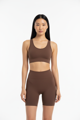 Seamless Sports Bra & Biker Shorts Set in Chocolate Brown — Front Full-Body