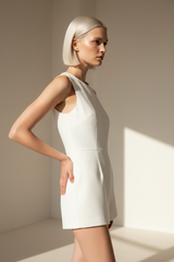 Luxury sleeveless tailored romper in Ivory White – side profile