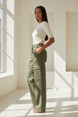 Premium Women's Luxury Cargo Pants in Olive Green - Side Profile