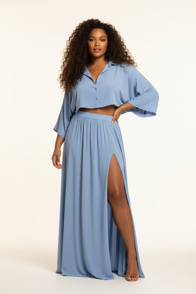 Women's flowy maxi skirt set in powder blue, front-facing pose