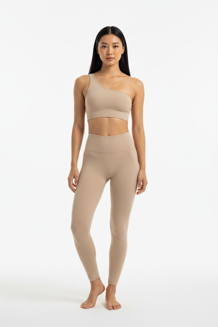 One-Shoulder Sports Bra & Seamless Sculpt Leggings Set in Sand Beige — Front Full-Body
