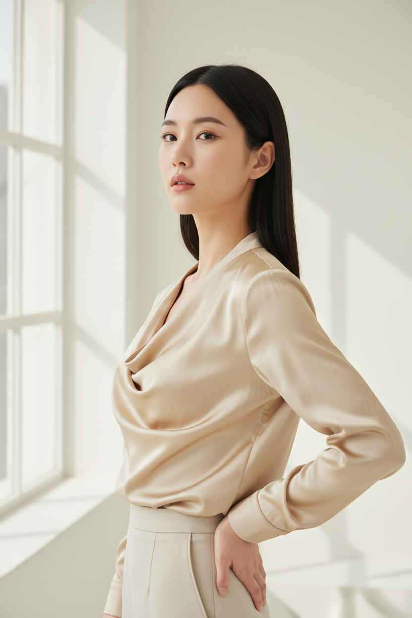 Satin Blouse in Champagne Gold - Three Quarter Pose