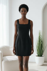 Luxury Square-Neck Mini Dress in Matte Black - front-facing pose