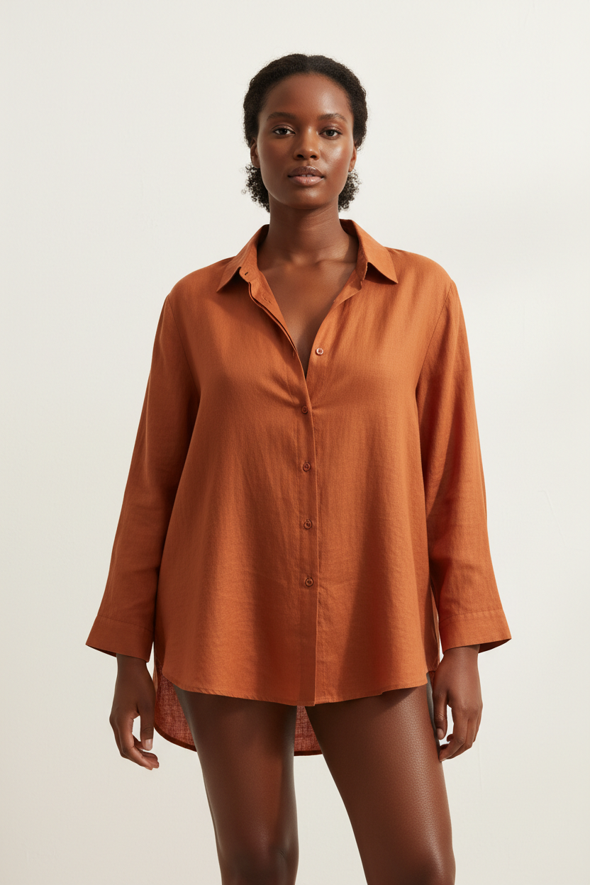 Luxury linen oversized shirt in Terracotta Clay, front facing pose