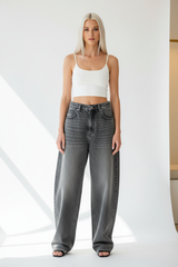 Premium Women's Baggy Denim Pants in Washed Grey - Front View