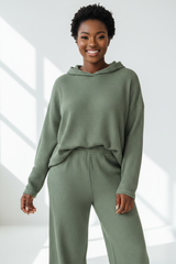Luxury Waffle Knit Lounge Set — Dusty Olive, Front Standing Pose