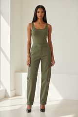 Premium Women's Luxury Cargo Pants in Olive Green - Front View