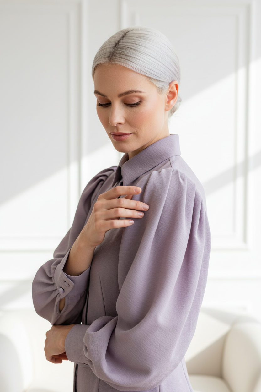 Luxury puff-sleeve shirt in Dusty Lavender, detail close-up of puff sleeve