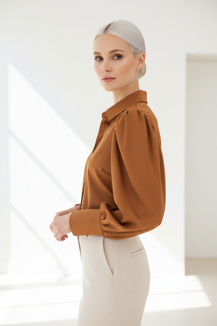 Luxury puff-sleeve shirt in Warm Toffee Brown, three-quarter turn pose