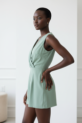 Luxury sleeveless romper in Soft Sage Green – side profile