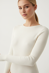 Luxury Ribbed Long-Sleeve Bodysuit in Ivory White - Fabric Detail