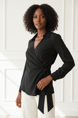 Wrap Blouse in Matte Black - Three Quarter Hand on Waist Tie