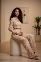 Luxury Floral Lace Fashion Set in Champagne Nude - Seated Pose