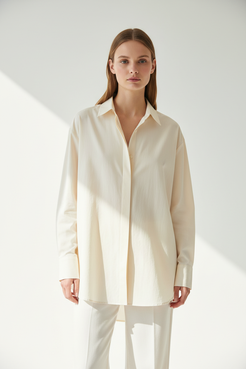 Oversized cotton shirt in Soft Vanilla Cream, front facing pose