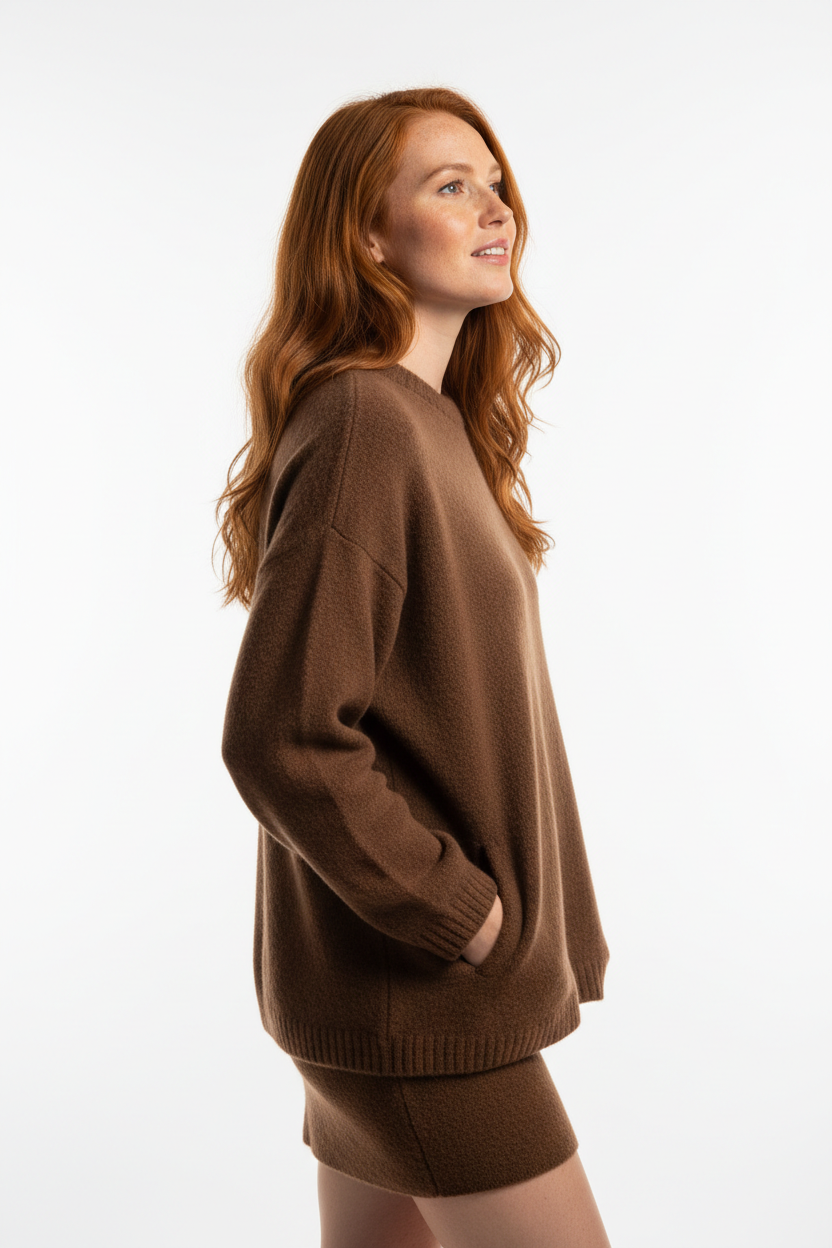 Women's knitted mini skirt set in mocha brown, side profile pose
