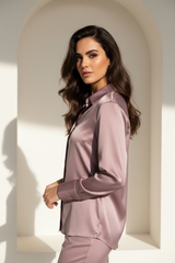 Luxury satin button-up shirt in Dusty Mauve, three-quarter turn pose