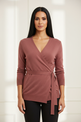 Luxury wrap sweater in Velvet Rose, front facing pose