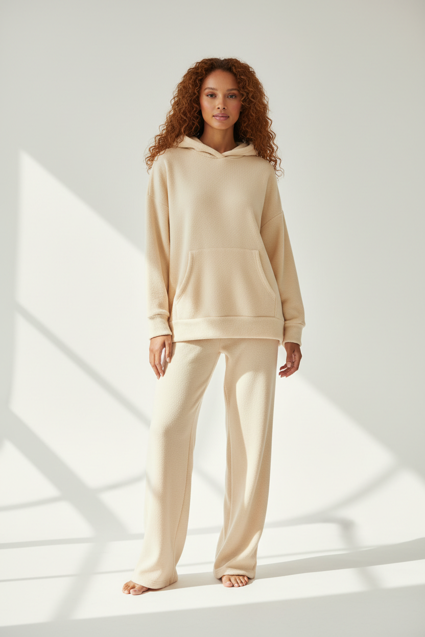 Luxury Fleece Hoodie Lounge Set — Warm Cream, Front Standing Pose