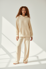 Luxury Fleece Hoodie Lounge Set — Warm Cream, Front Standing Pose