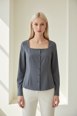 Square-Neck Blouse in Slate Grey - Front Pose