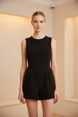 Luxury sleeveless romper in Matte Black – front view