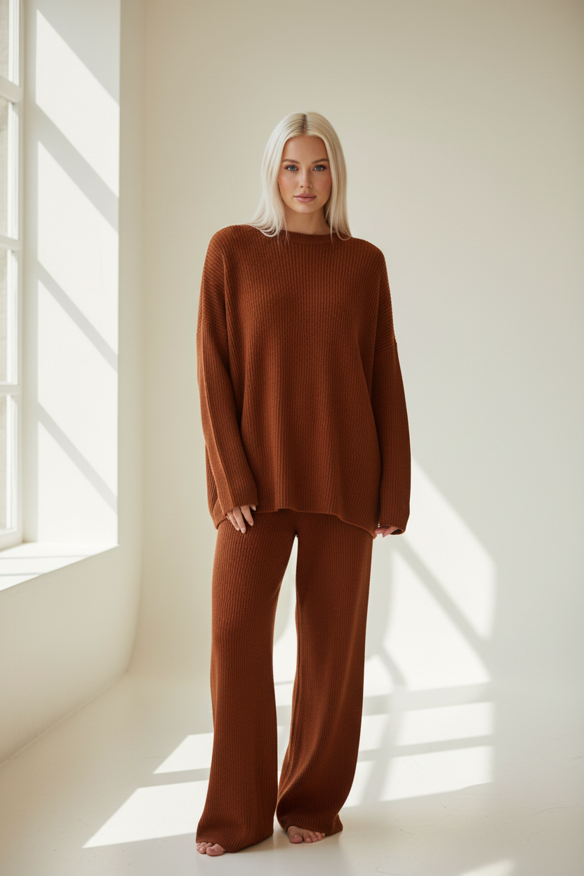 Warm Cinnamon Knit Lounge Set – Front Pose