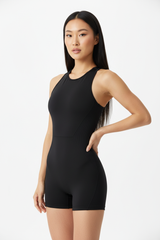 Seamless Racerback Sports Romper in Jet Black — Three-Quarter Angle