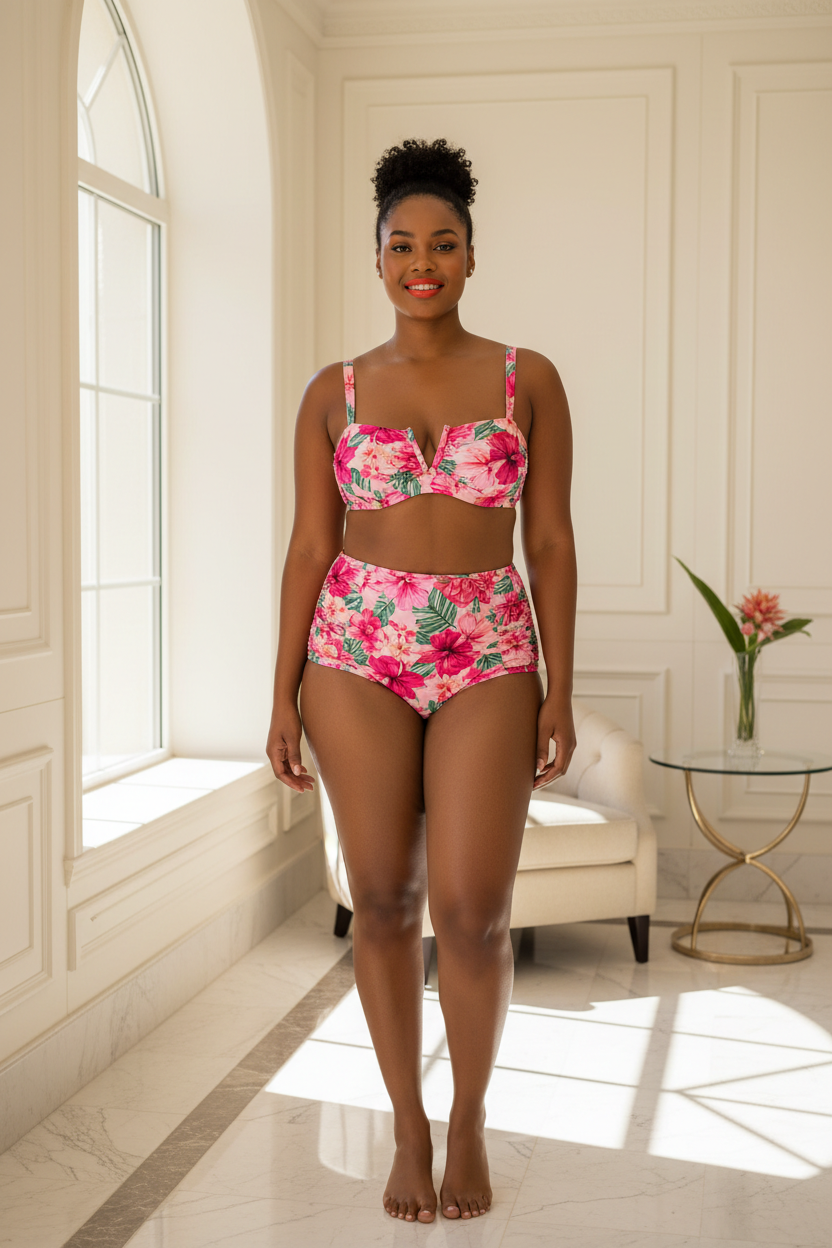 Luxe Floral Print Bikini Set in Tropical Floral Pink – front-facing pose