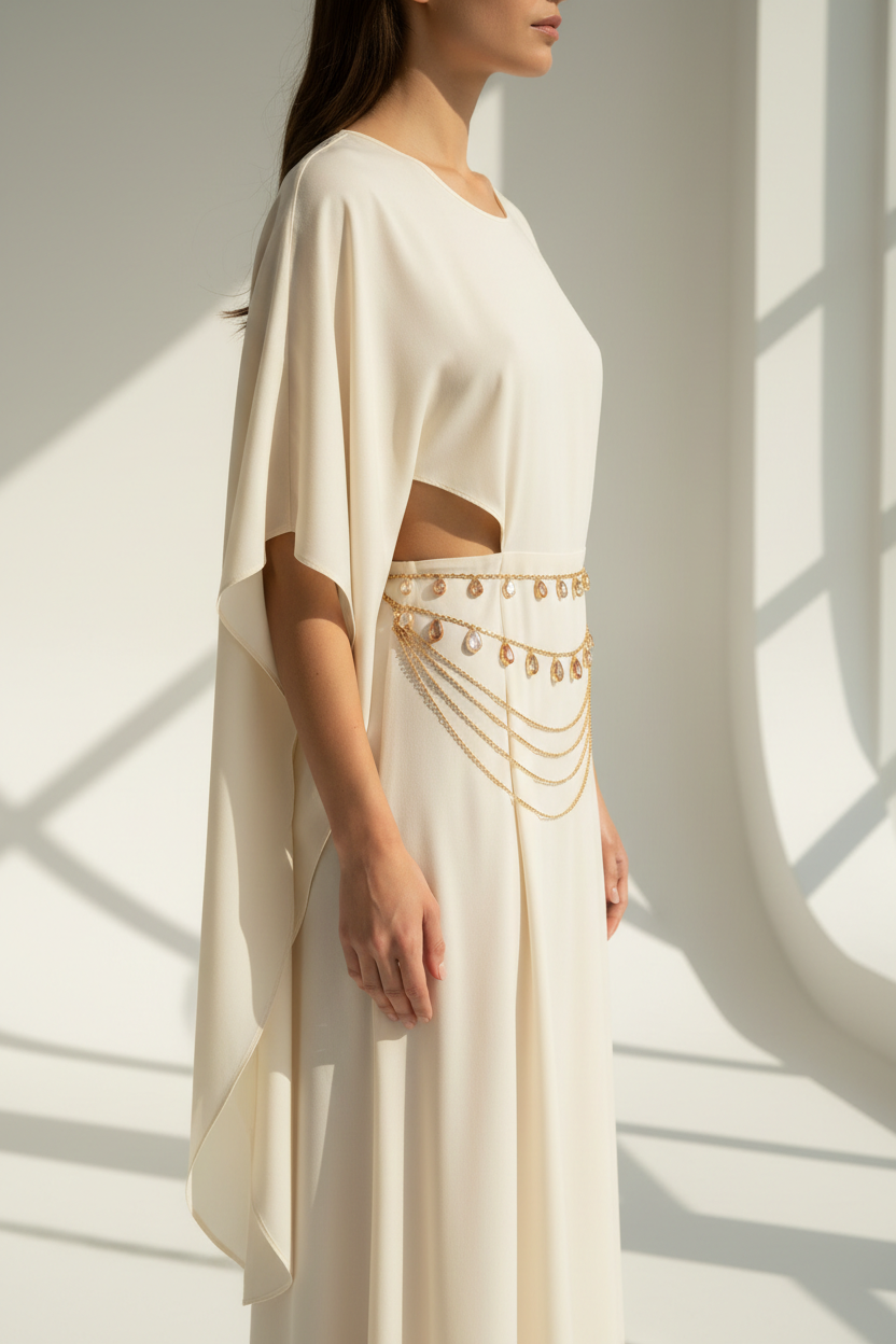 Model wearing champagne gold layered waist chain, side profile three-quarter shot