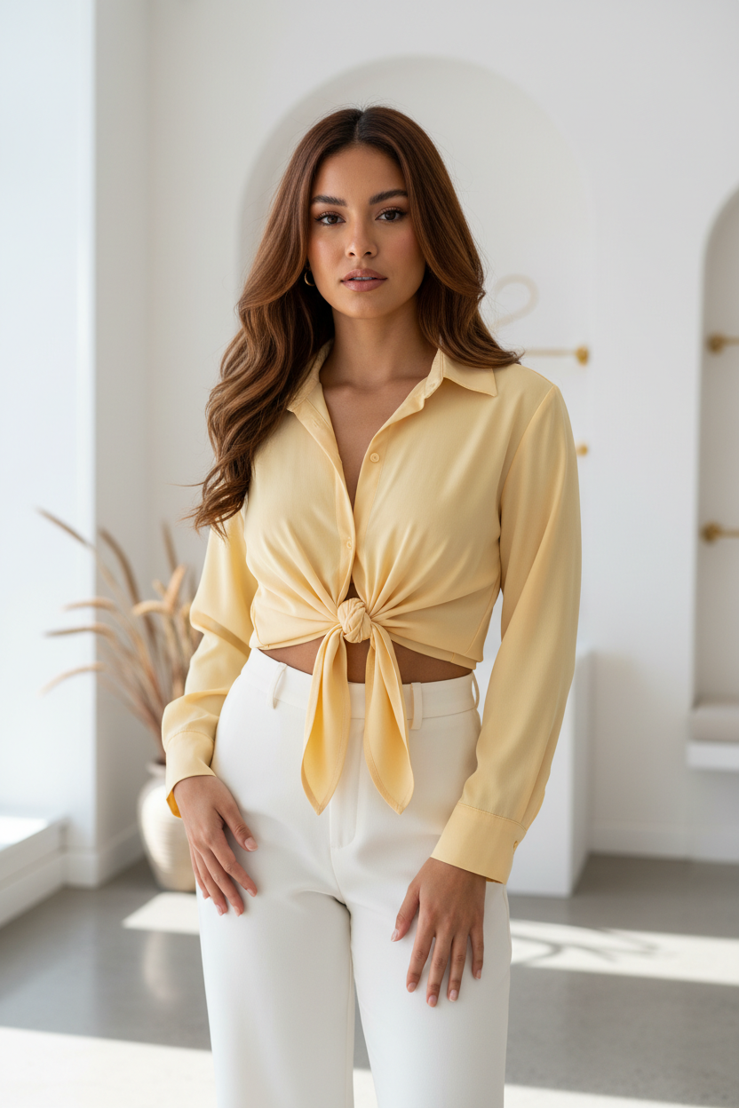 Luxury cropped front-tie shirt in Buttercream Yellow, front facing pose