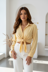 Luxury cropped front-tie shirt in Buttercream Yellow, front facing pose