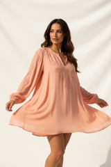 Boho Embroidered Blouse in Soft Apricot - Three Quarter Fabric Flowing