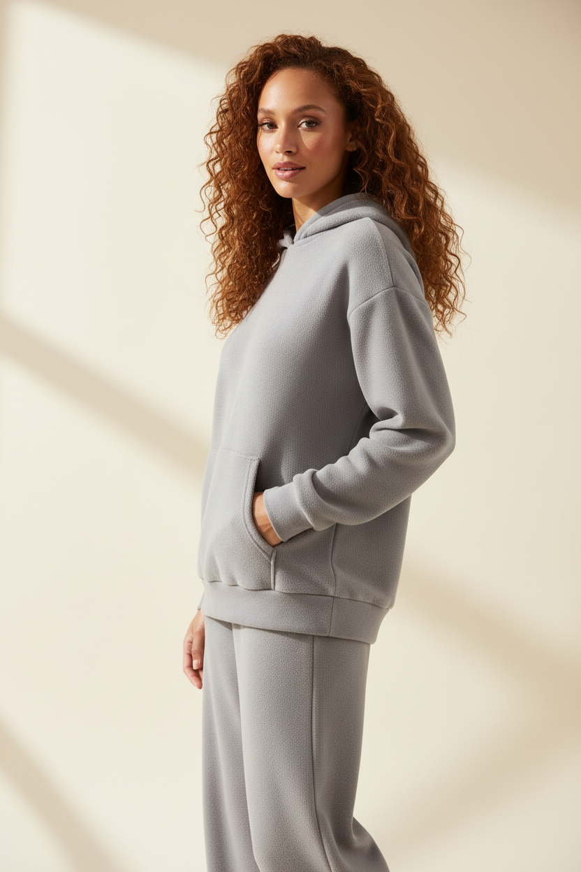 Luxury Fleece Hoodie Lounge Set — Soft Grey, Side Profile with Pocket