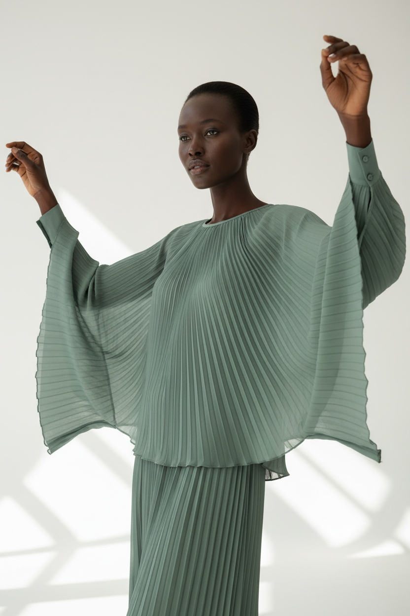 Pleated Blouse in Muted Sage - Three Quarter Draped Sleeves