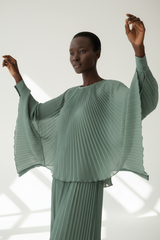 Pleated Blouse in Muted Sage - Three Quarter Draped Sleeves