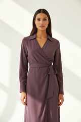 Luxury wrap-front shirt in Smoky Plum, front facing pose