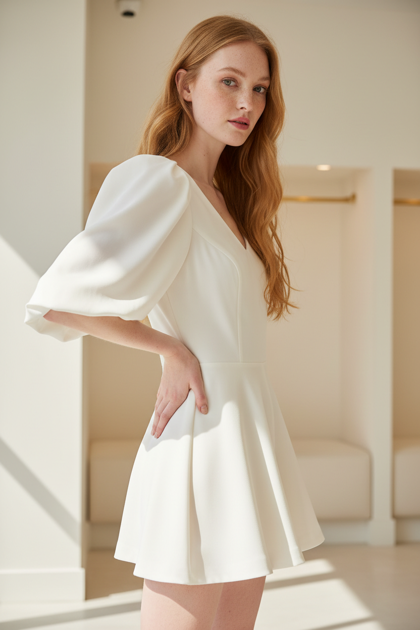 Luxury puff-sleeve romper in Ivory White – side profile