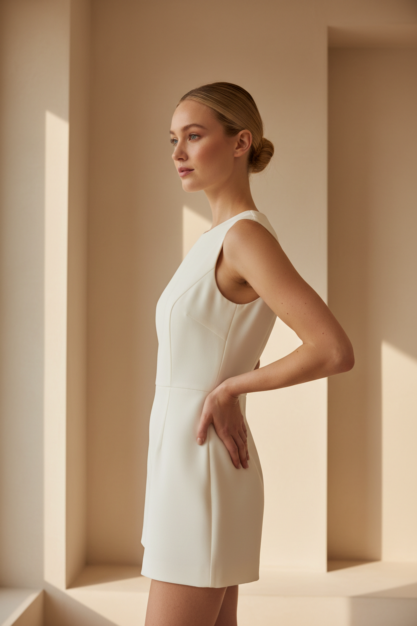 Luxury sleeveless romper in Ivory White – side profile