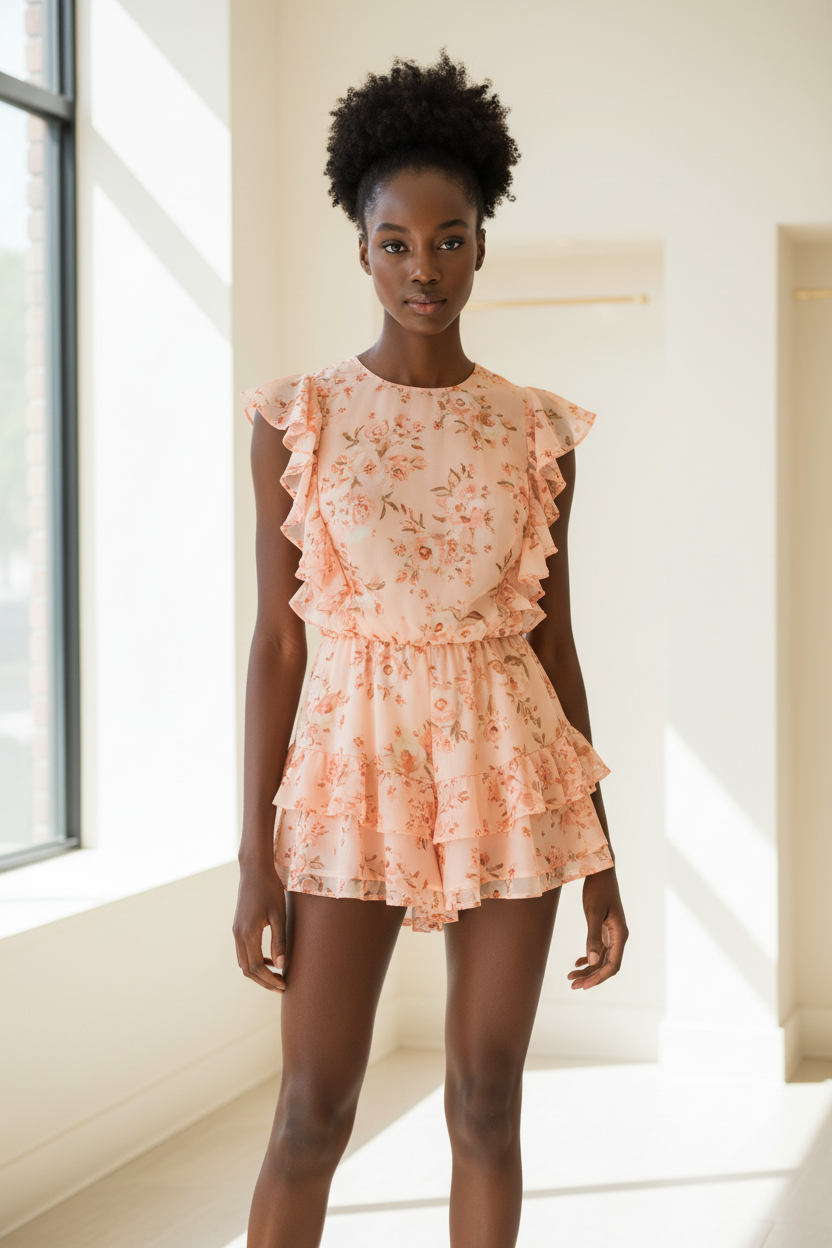 Luxury floral romper in Floral Peach – front view