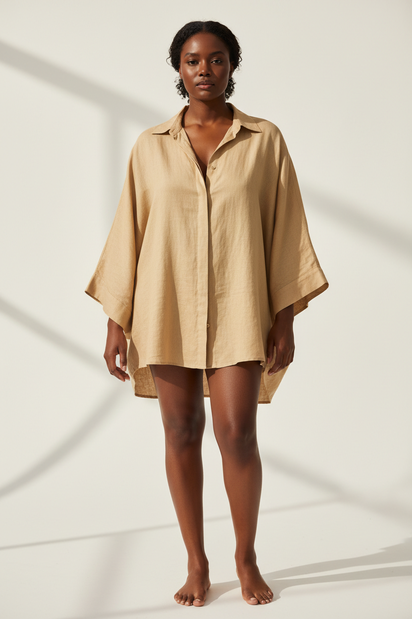 Luxury linen oversized shirt in Desert Beige, front facing pose
